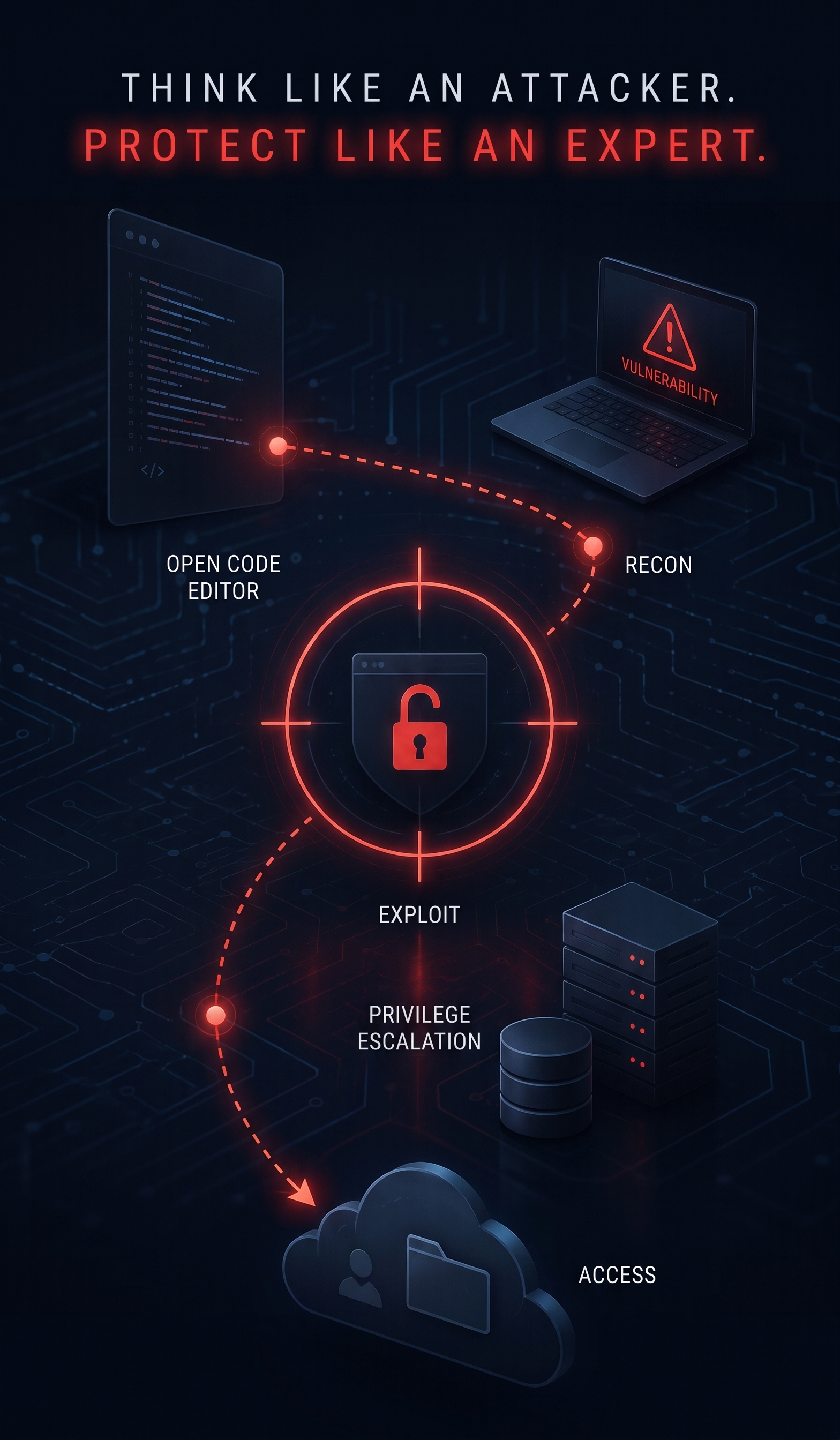 Attack chain diagram showing reconnaissance, exploitation, and privilege escalation converging on a target, illustrating an adversarial security testing perspective